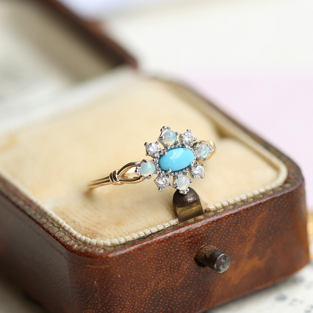Flower Dome Turquoise Stone Surrounded By Opals Sterling Silver Ring.