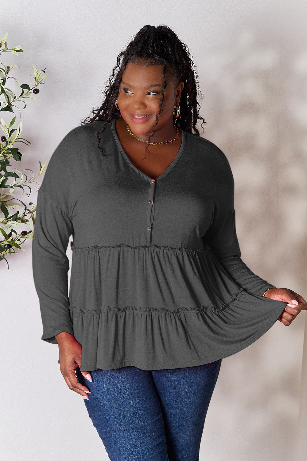 Comfy Ruffle Hem  Double Take Half Button Blouse & Long Sleeve