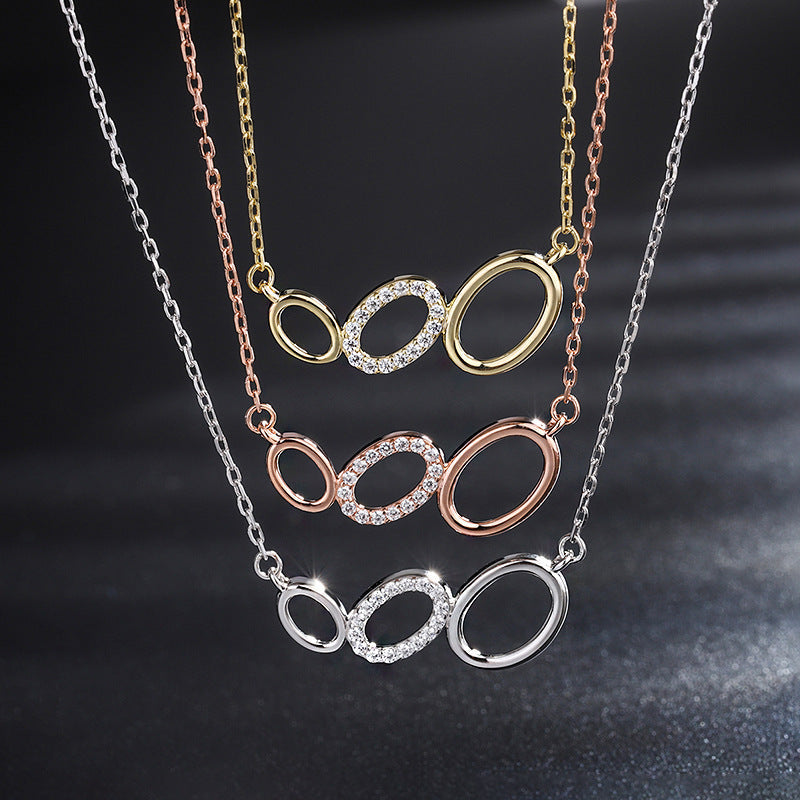 999 Sterling Silver Three-ring CZ Adorned Necklace, Gold, Platinum, Rose Gold.