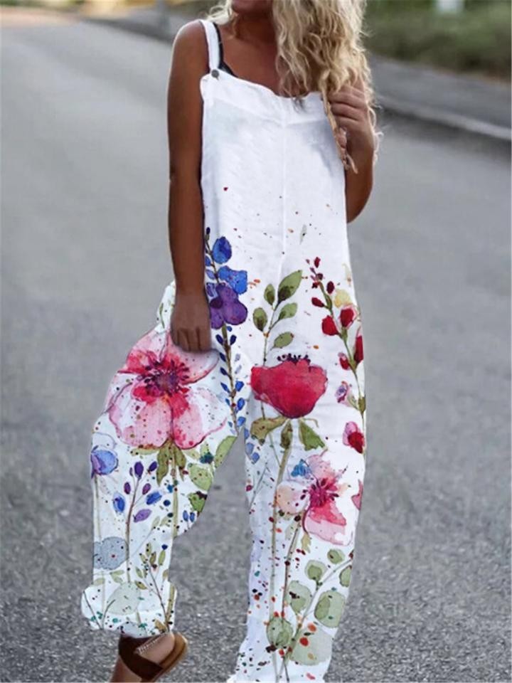 Floral Printed Loose Cotton And Linen Suspenders