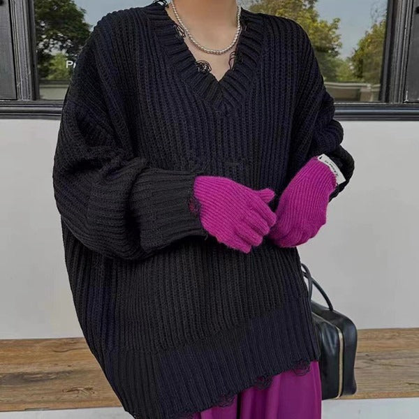 Oversize V-Neck Knitwear Pullover Sweater-One Size