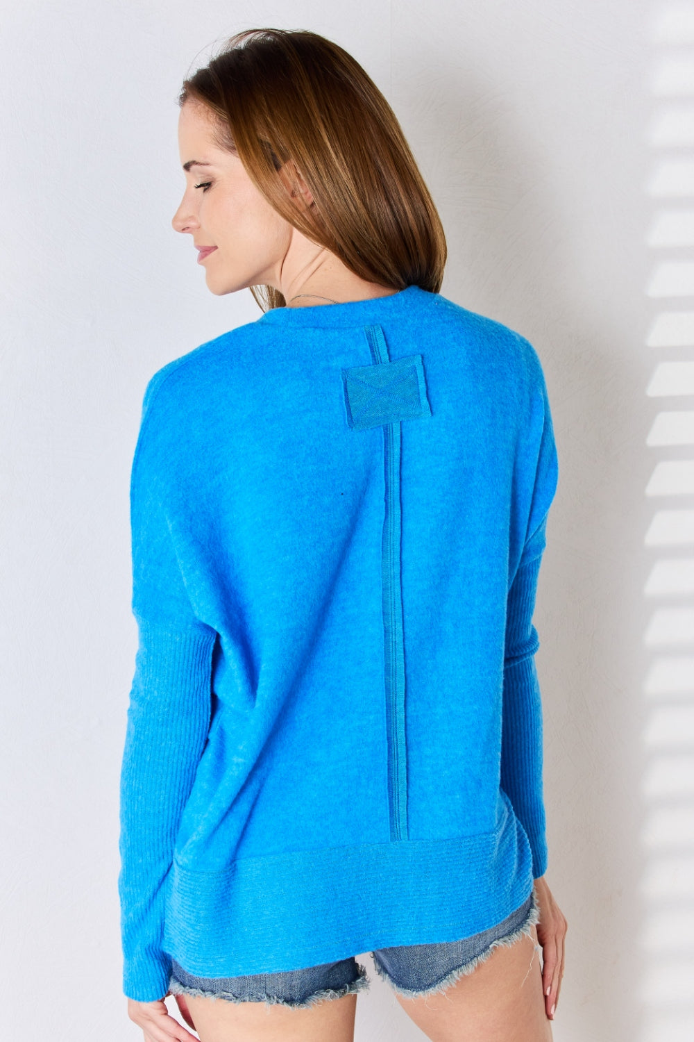 Ocean Blue  Ribbed Trim Top  with Round Neck and  Long Sleeve