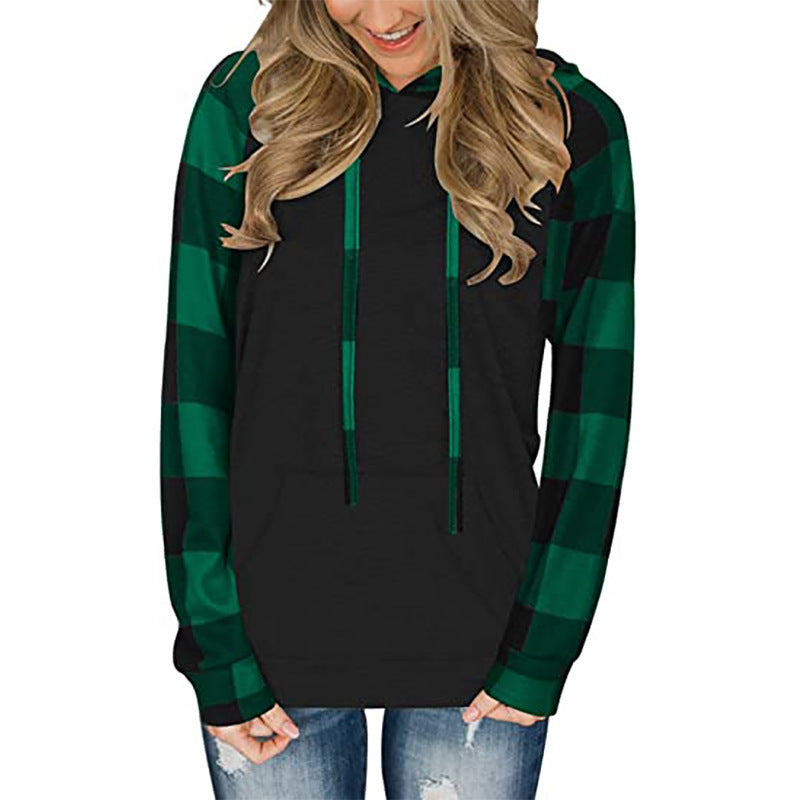 Plaid Hooded  Long-sleeved Color Matching  Hoodie Top