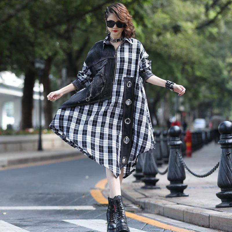 Contrast Coolness Denim Paneled Plaid Dress