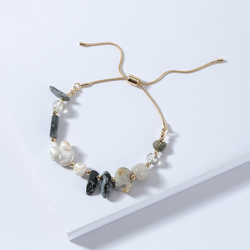 Freshwater Pearls & Natural Crystal Stones Rope Bracelet - Adjustable.