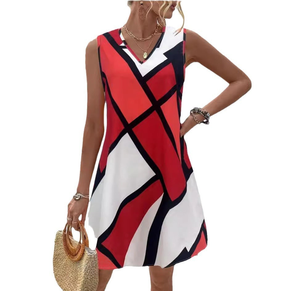 Modern 3D Print Mil Silk Dress Sleeveless with V-neck & Loose Waist