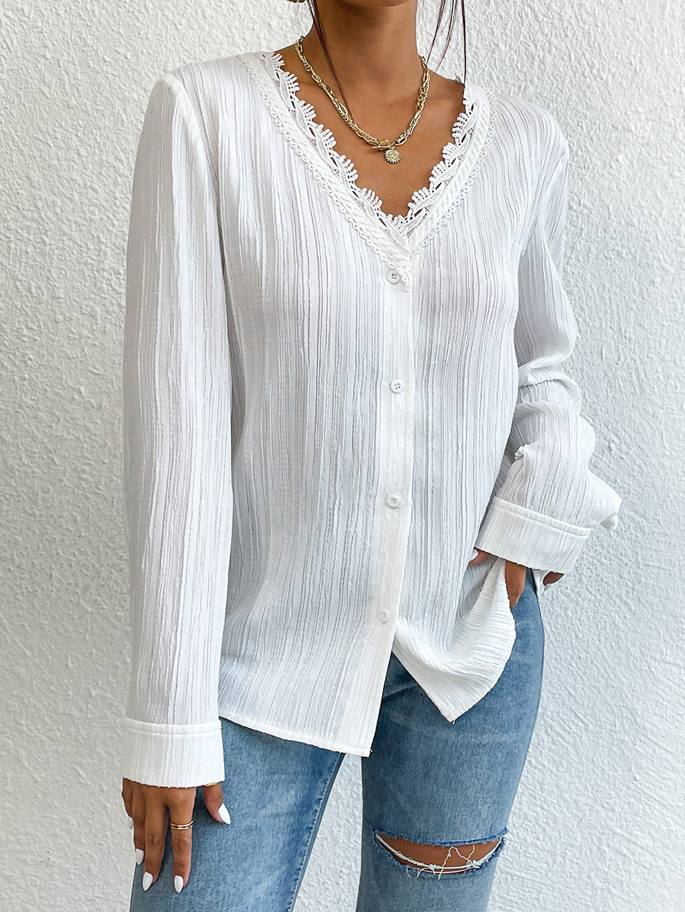 Modern Button-Up Lace Trimmed Shirt