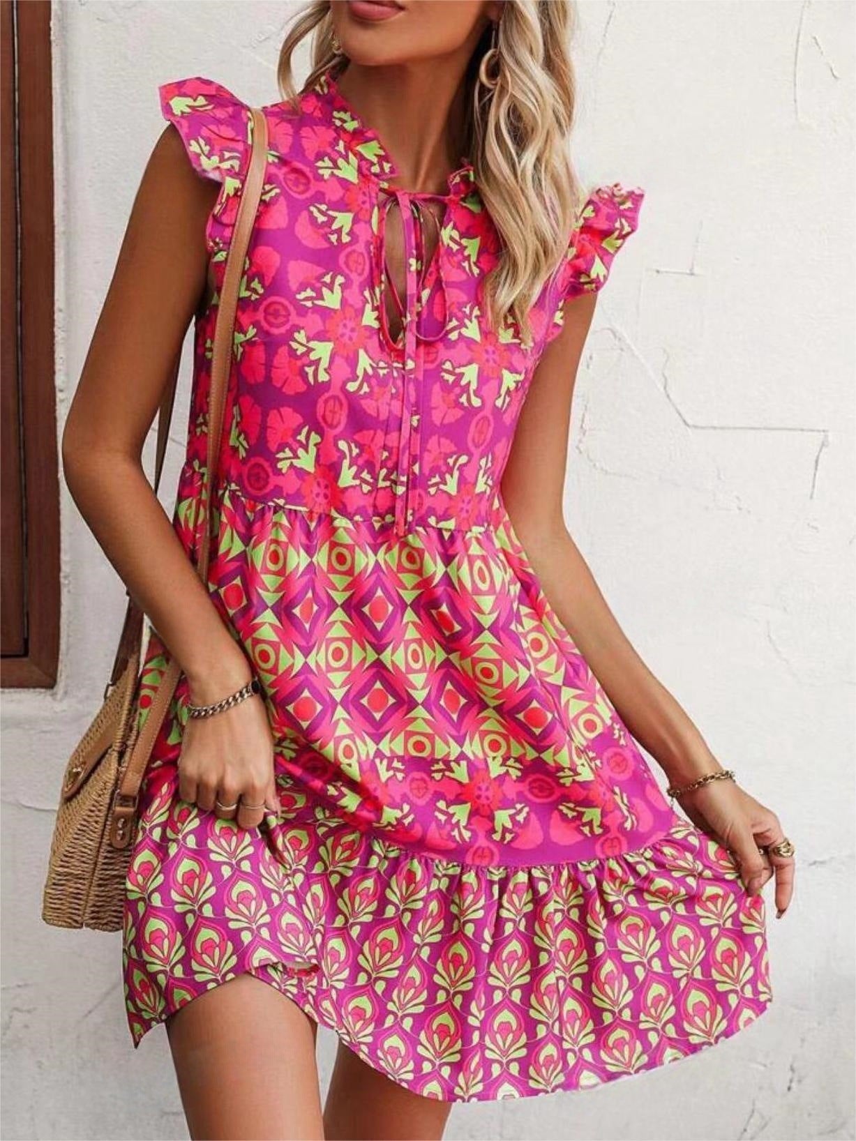 Hot Pink Summer Fashion Lace-up Straight Dresses with V-Neck & Ruffle Flying Sleeves