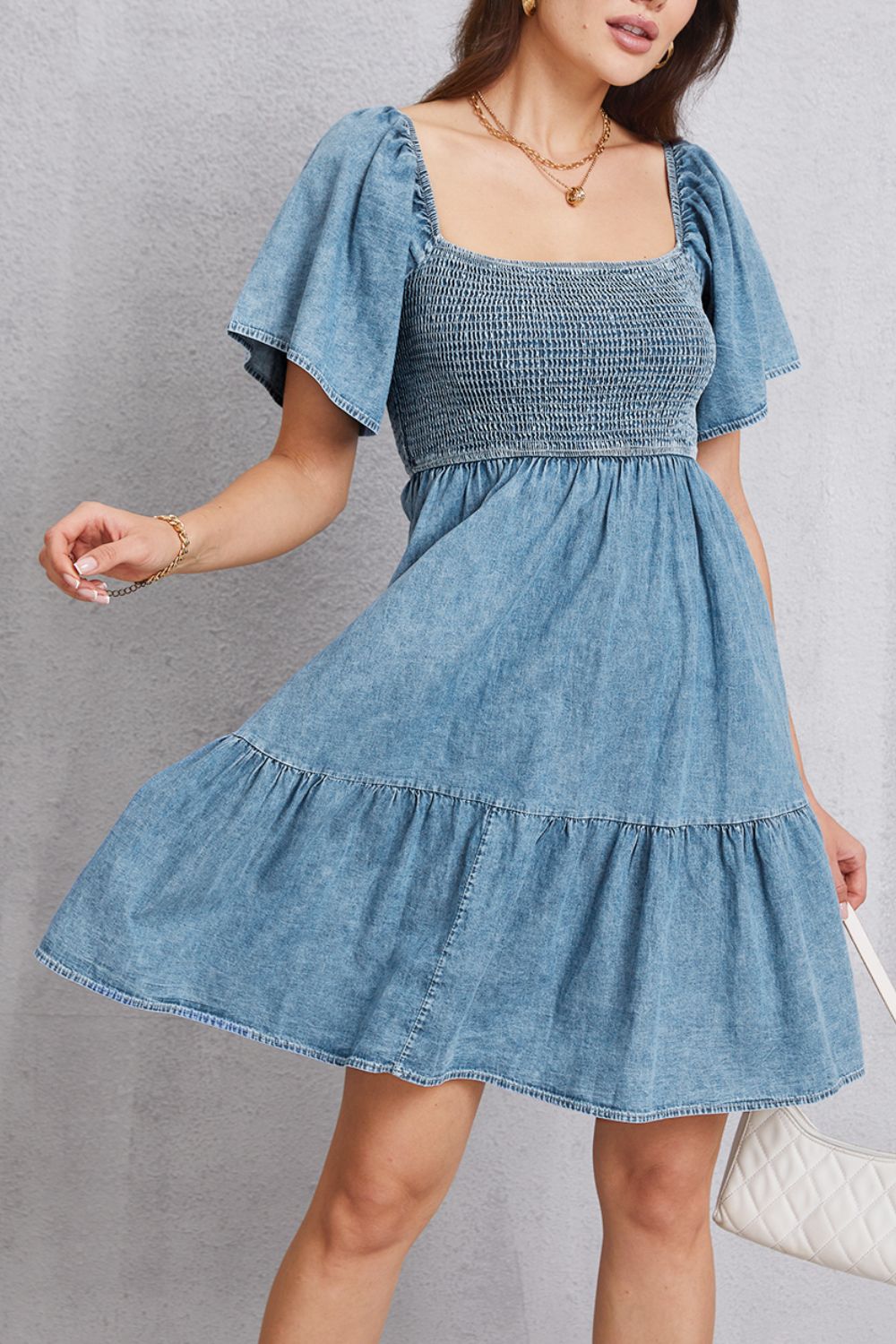Smocked Perfection Square Neck Mini Denim Dress