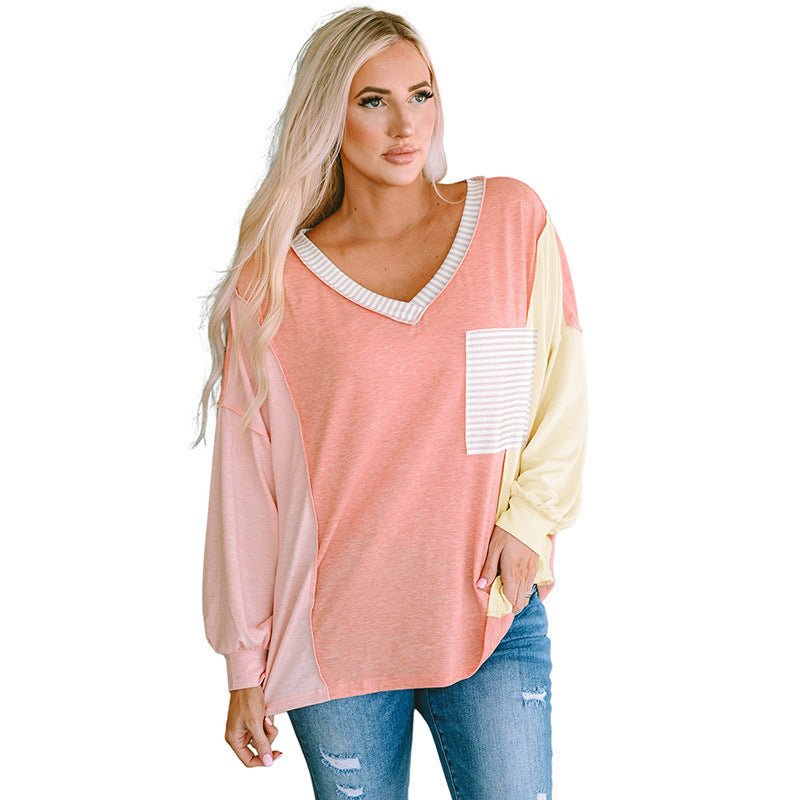 Rose Coral  Multicolor Stripes  V-neck Long Sleeve Top with Pocket