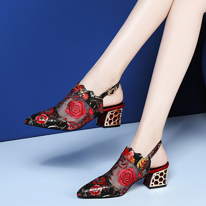 Floral Mesh Embroidery Buckle Strap Block Heel Pumps