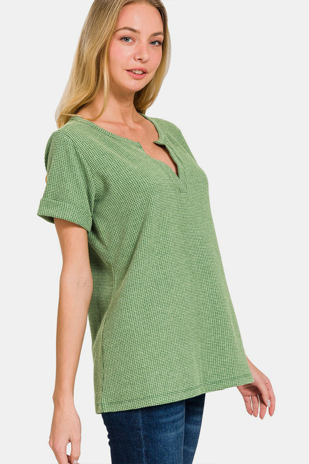 Green Waffle Notched  T-Shirt with Short Sleeve