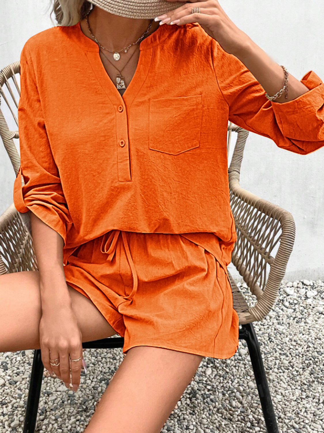 Buttoned Notched Long Sleeve Top and Shorts Set