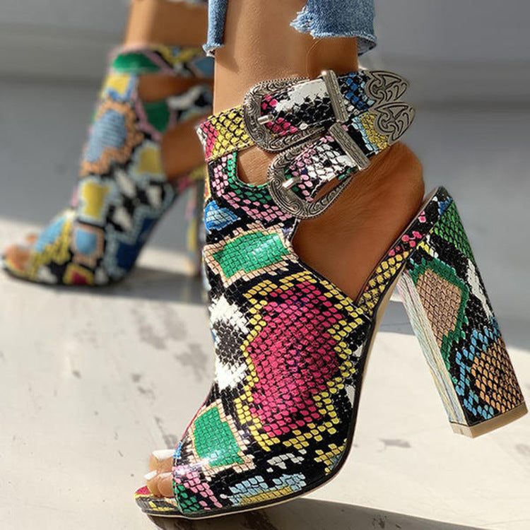 Snake Skin Buckle Open Toe High Heels
