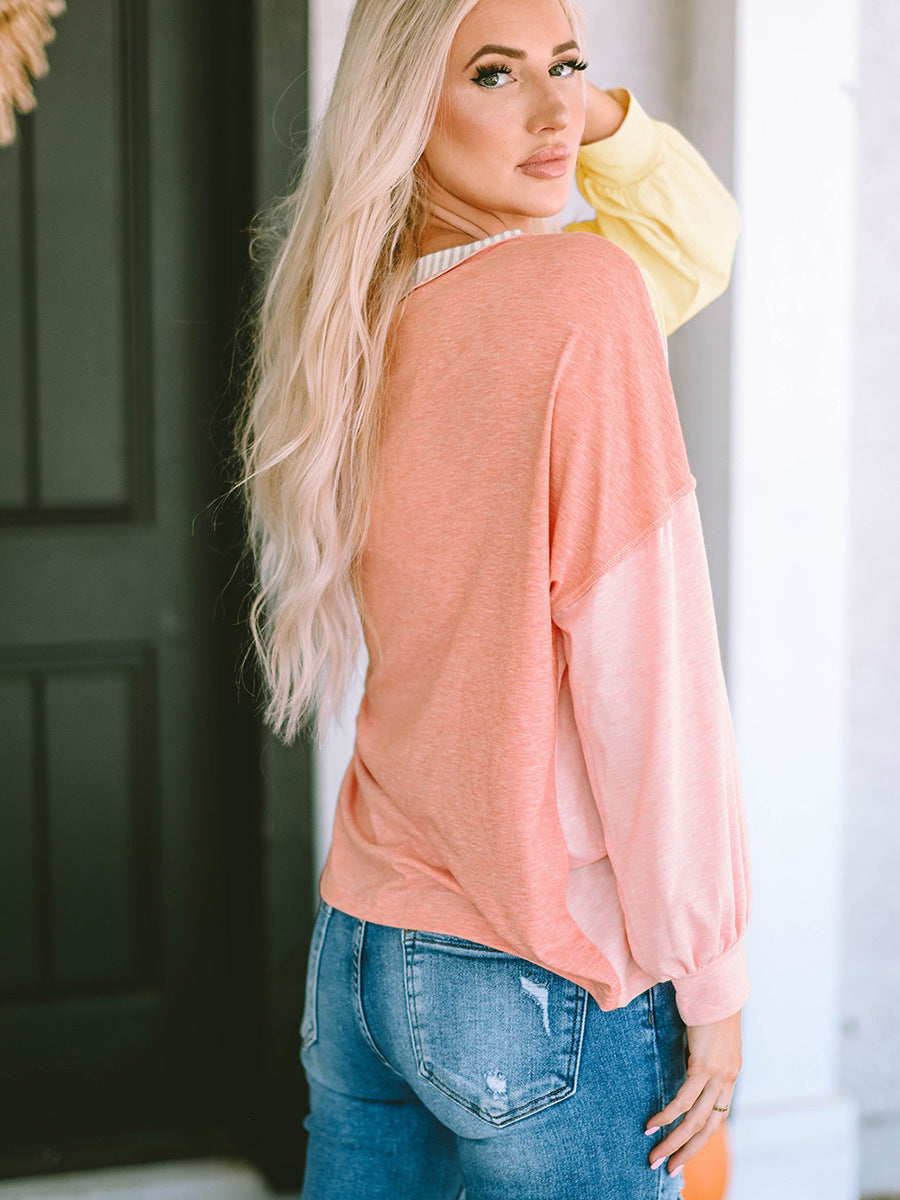 Rose Coral  Multicolor Stripes  V-neck Long Sleeve Top with Pocket