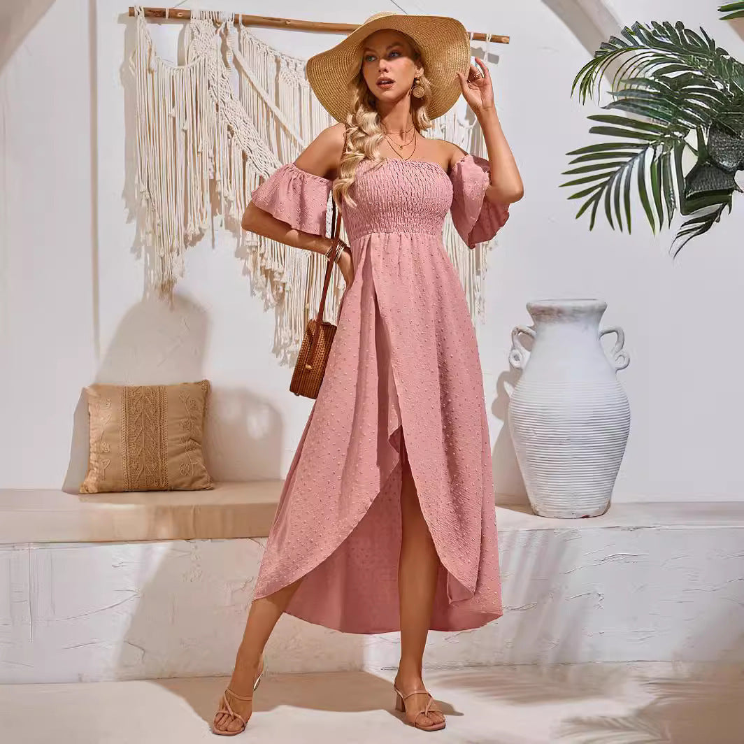 Love Summer Off-Shoulder Slit Dress Pleated Ruffle Maxi Dresses