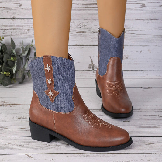 Retro Chelsea Denim Patchwork Western Cowboy Boots