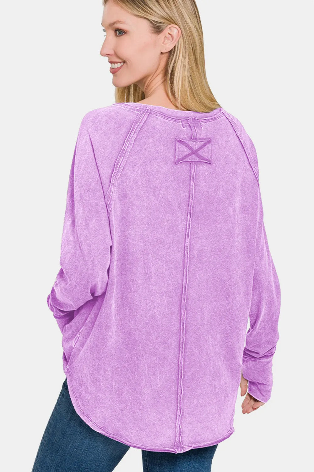 Lavender  Round Neck Thumbhole Long Sleeve T-Shirt