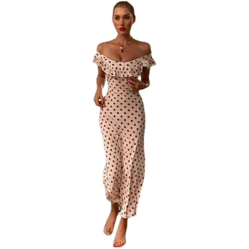 Ruffle Off-shoulder Polka Dot Print Silk Dress