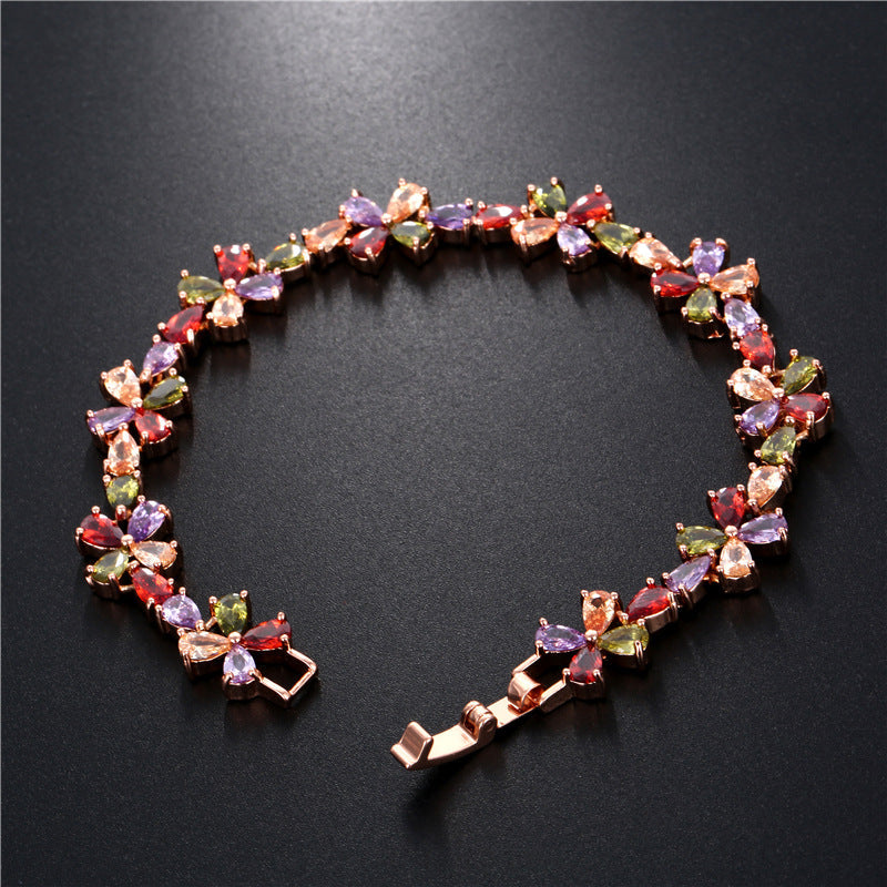 Rose Gold Colorful Flower Petals Zircon Bracelet Women