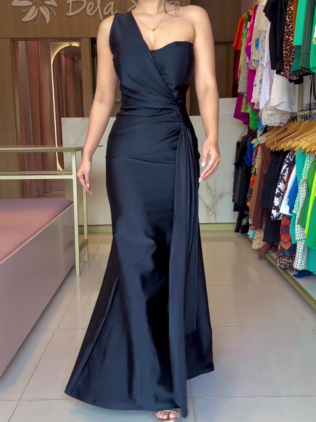 Navy Blue Elegant Night One-sleeve Knotted Slit  Mxi Dress
