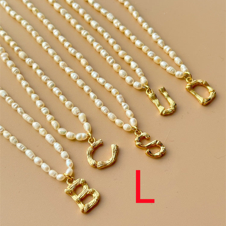 Custom Personalized Natural Freshwater Grain Pearl Letter Necklace Vintage Classic.