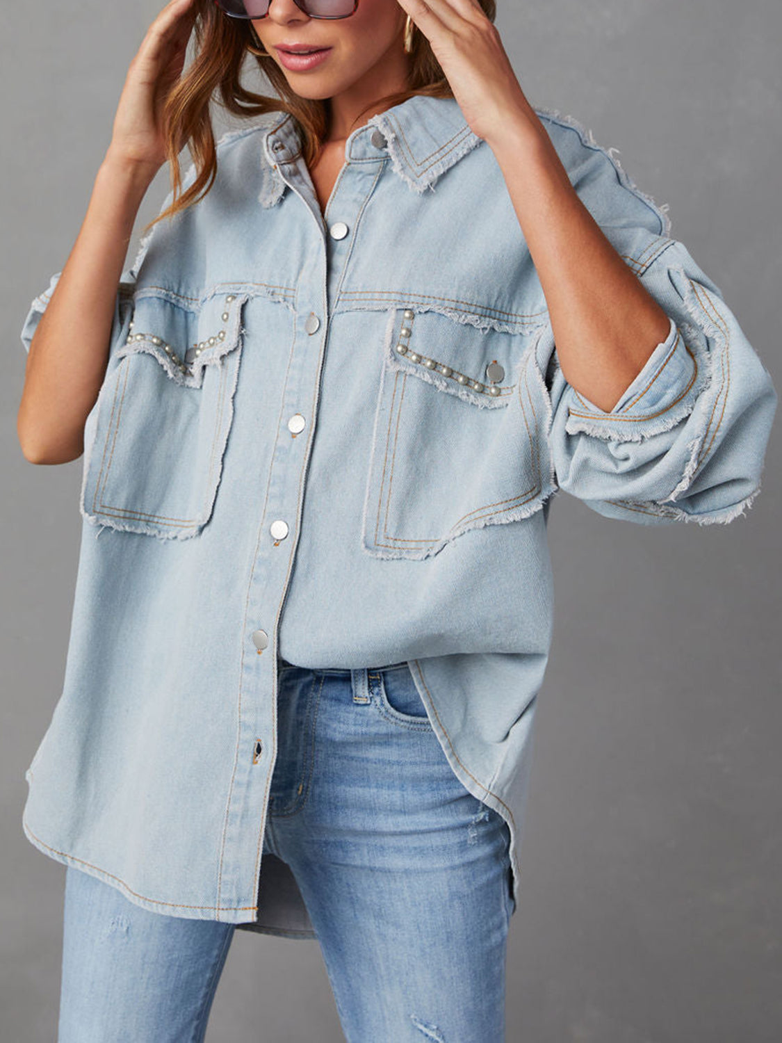 Versatile  Button Down Raw Hem Denim Jacket-Shirt