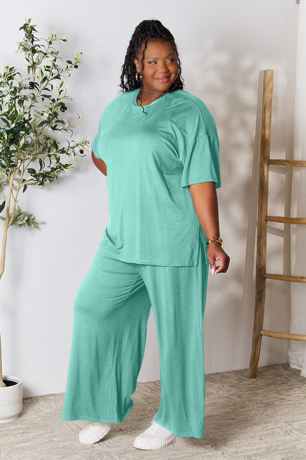 Trendy Duo Full Size Round Neck Slit Top and Pants Set