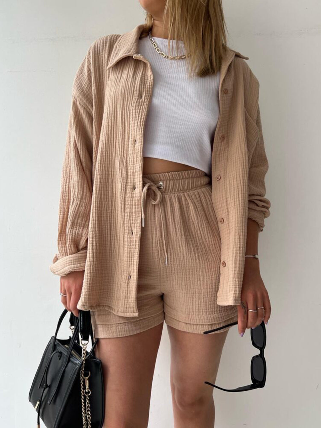 Casual Texture Button-Up Shirt and Drawstring Shorts Set