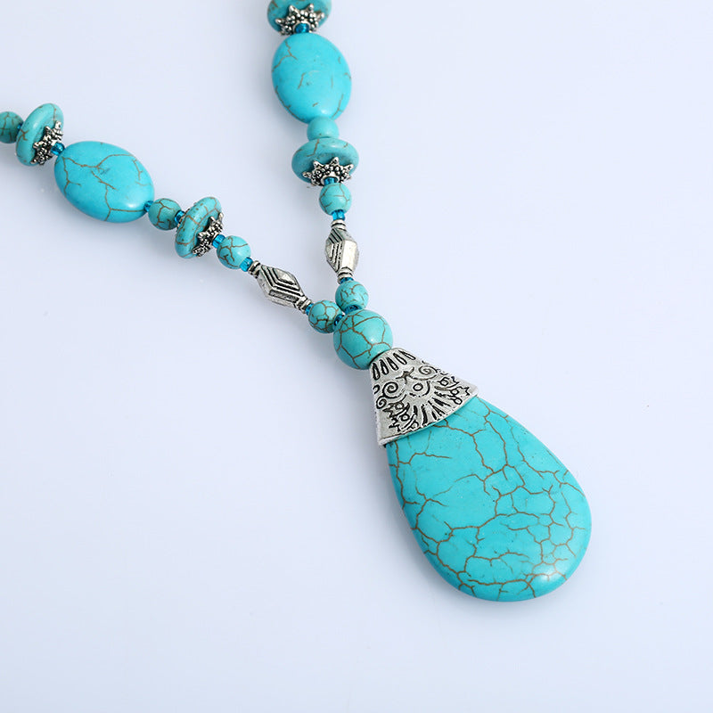 Bohemian Turquoise Water Drop Pendant Necklace.
