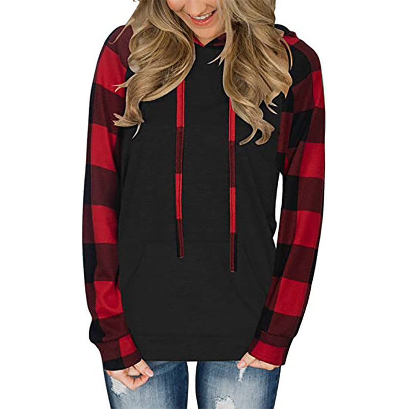 Plaid Hooded  Long-sleeved Color Matching  Hoodie Top