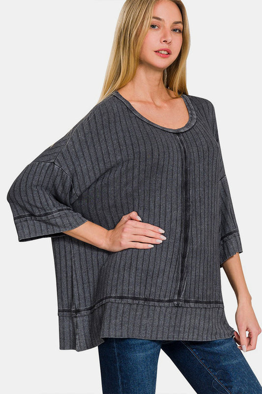 Ash Black Washed Ribbed Drop  Shoulder Half Sleeve Top