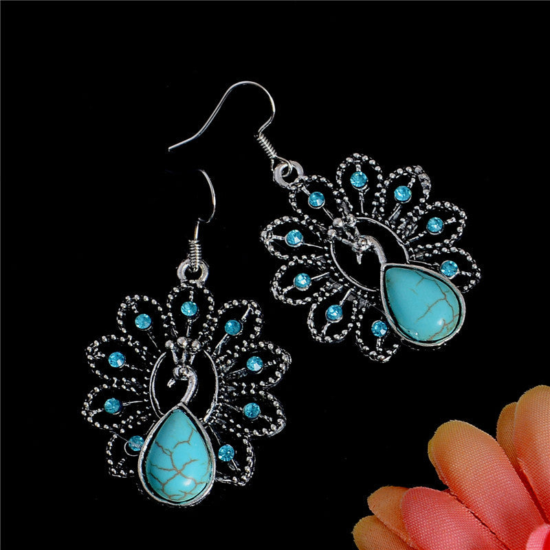 Unique Boho Turquoise Dangle Drop Peacock Earrings.
