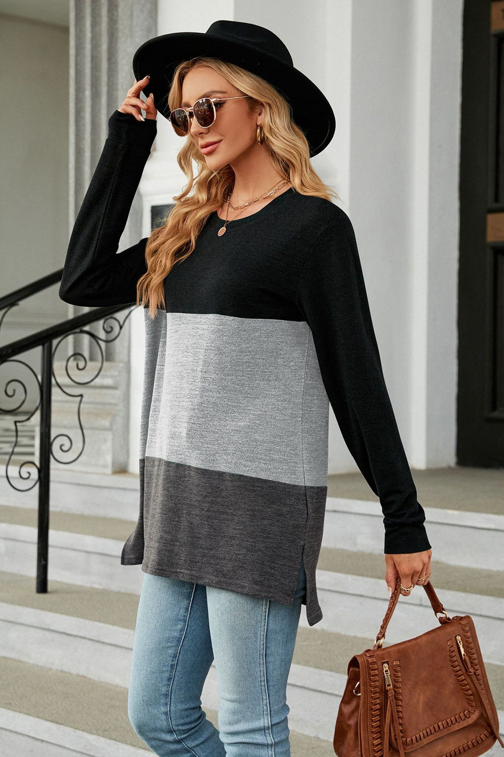 Vibrant Urban  Color Block Round Neck Long Sleeve Top