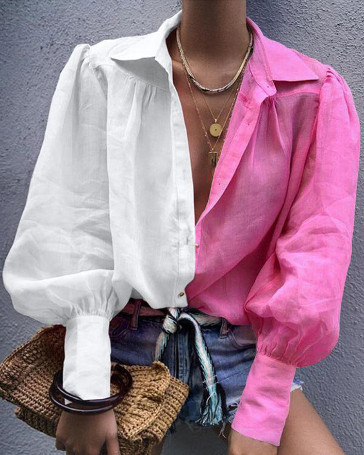 Bold Contrast Polyester Puff Sleeves Loose Shirt