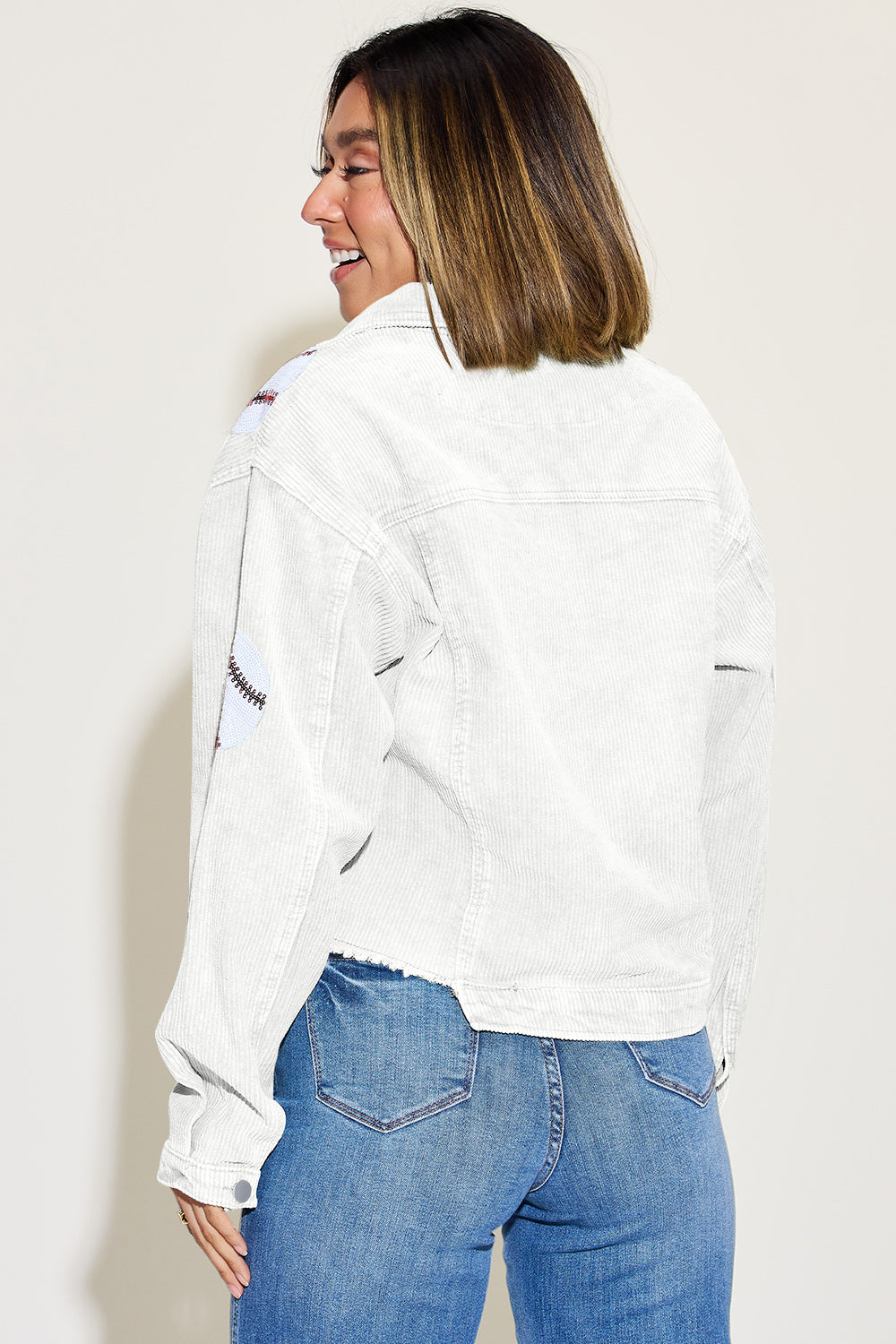 Home Run! Baseball Sequin Dropped Shoulder Raw Hem Jacket