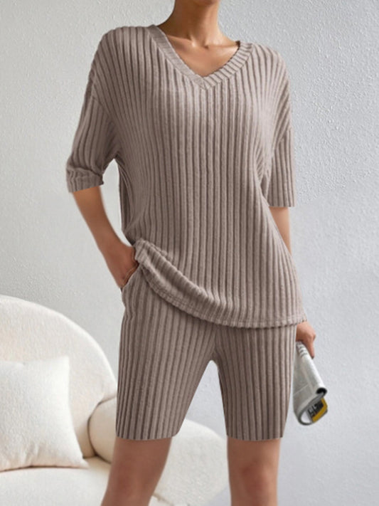 Snug Fit Ribbed V-Neck Top and Shorts Set