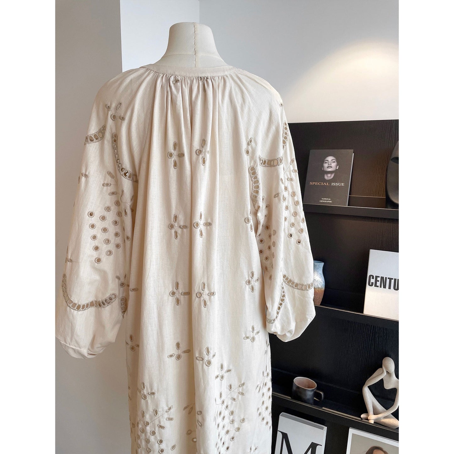 Linen Breeze Embroidered V-neck Maxi Dress