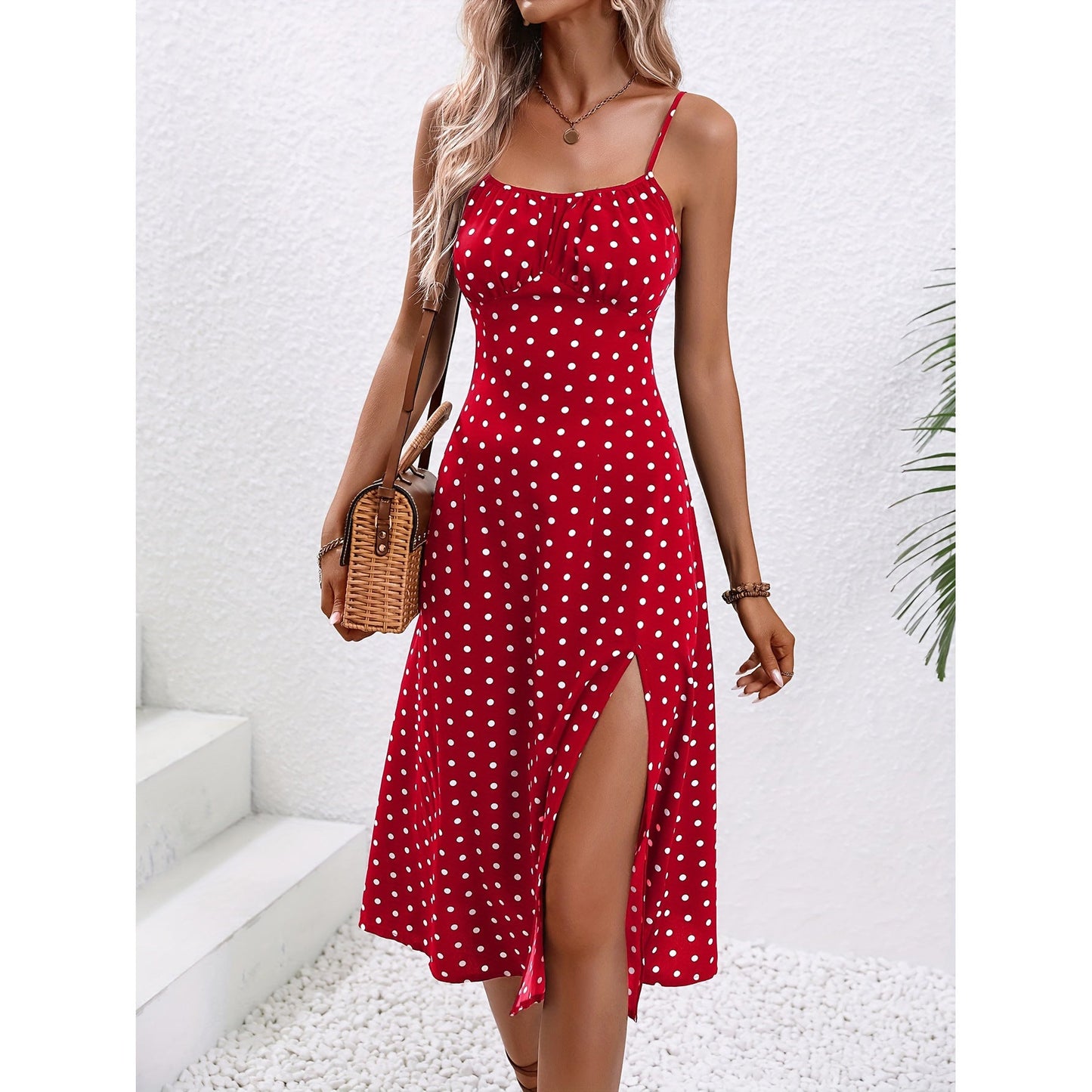 Spaghetti Straps Polka Dot Print Suspender Dress