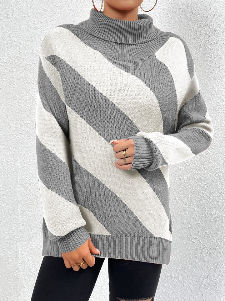 Vogue Striped Turtleneck Dropped Shoulder Sweater