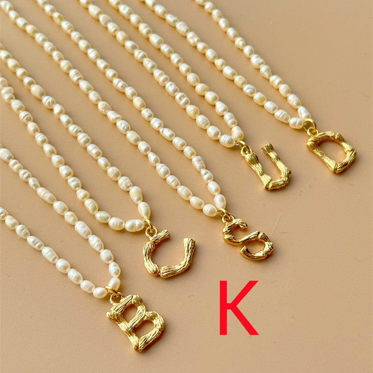 Custom Personalized Natural Freshwater Grain Pearl Letter Necklace Vintage Classic.