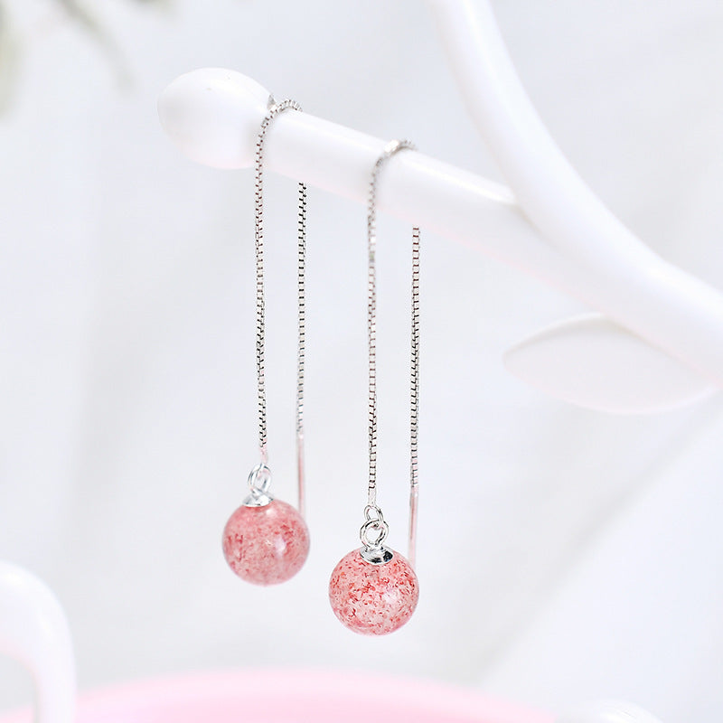 Cute Peach Blossom Gold Plated Round Dangle Threader Box Chain Earrings.