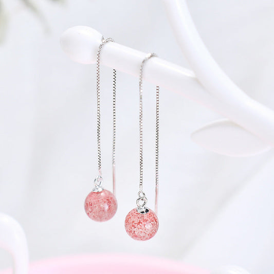 Cute Peach Blossom Gold Plated Round Dangle Threader Box Chain Earrings.