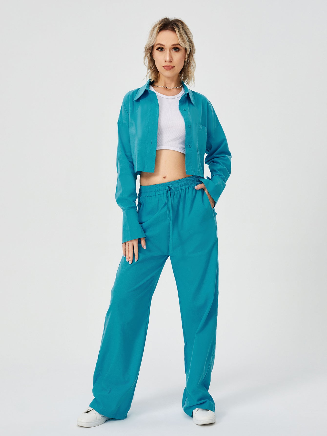 Button Down Jacket Wide Leg Pants Two Piece Set