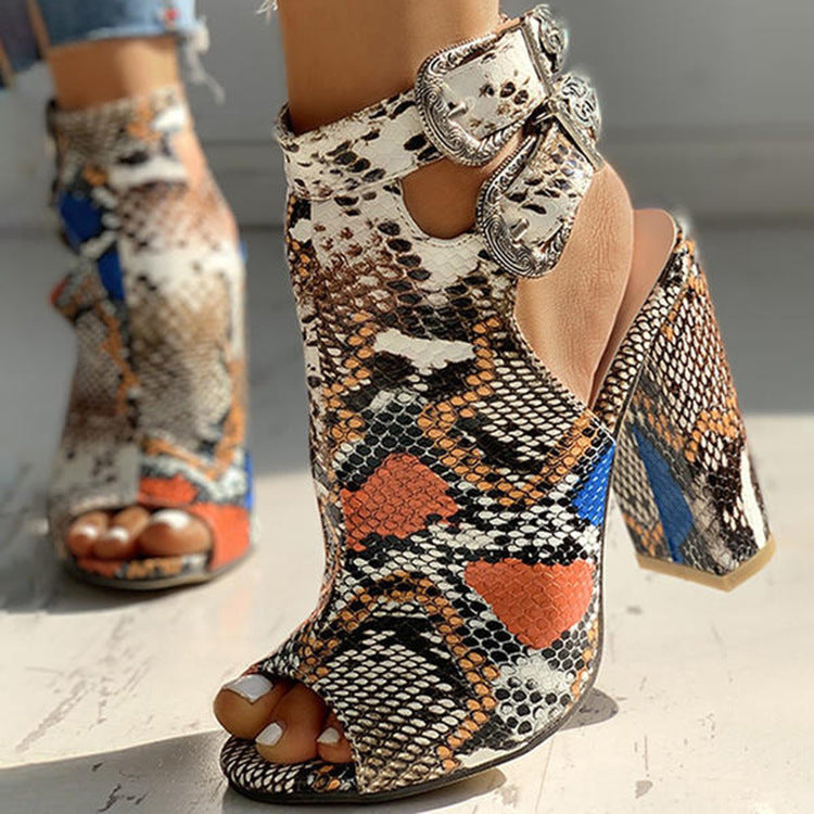 Snake Skin Buckle Open Toe High Heels
