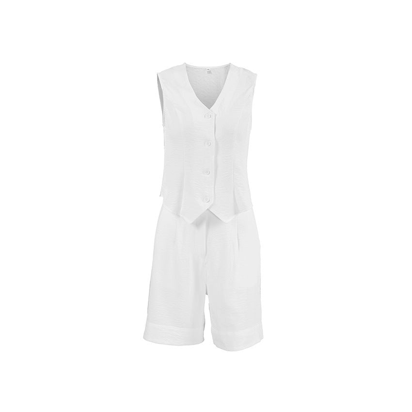 White Two-piece Set with White Sleeveless Vest & Short Shorts