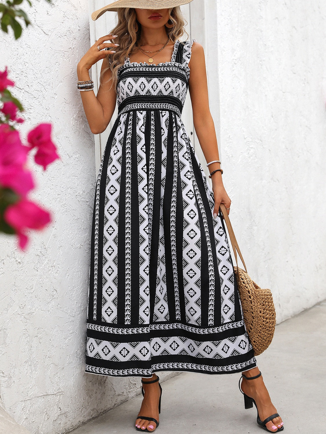 Black & White Wide Strap Printed Long Dress with Square Neck