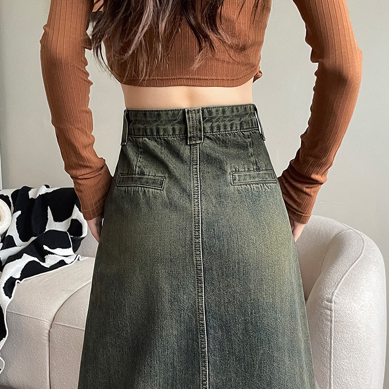 Black Gray Denim High Waist Front Slit Skirt