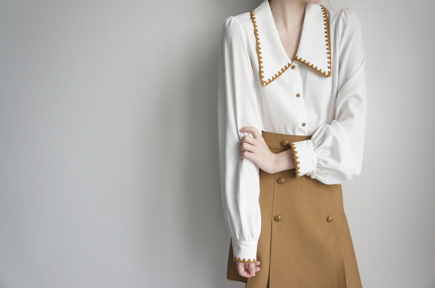 Vintage Yellow Line Long Sleeve Big Lapel V Neck Shirt