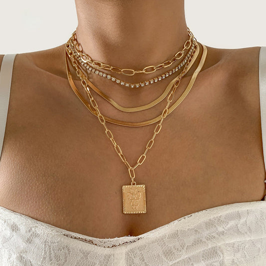 Herringbone Necklaces with Micro Inlaid Rhinestone -  5 Necklace Set.